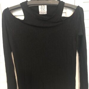 Black Slub Long Sleeve Cut Out Top With Raw Hem Detail
